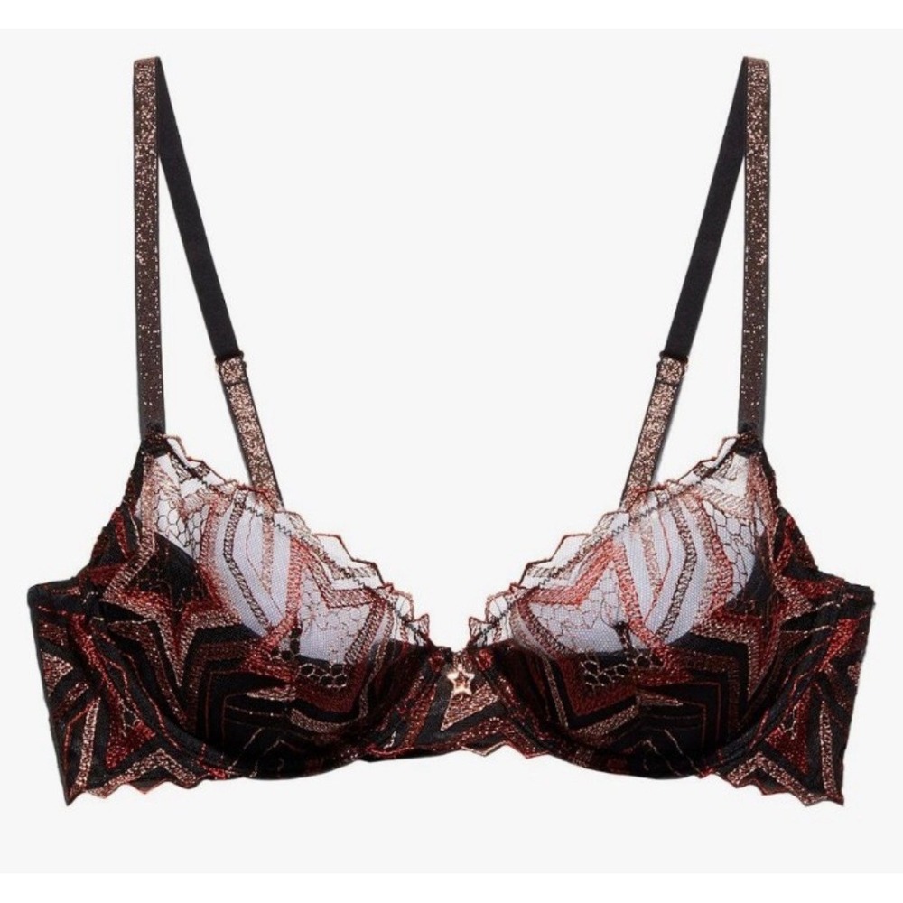 Savage X Fenty Star Lace Bra Womens 32C Black‎ Rose Gold Metallic Sexy